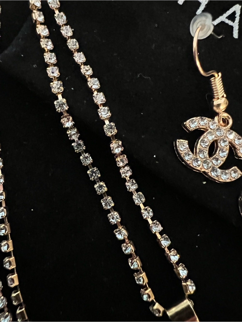 CHANEL Gold and Clear Crystal CC Pendant Necklace with Dangle Earrings - Picture 6 of 12